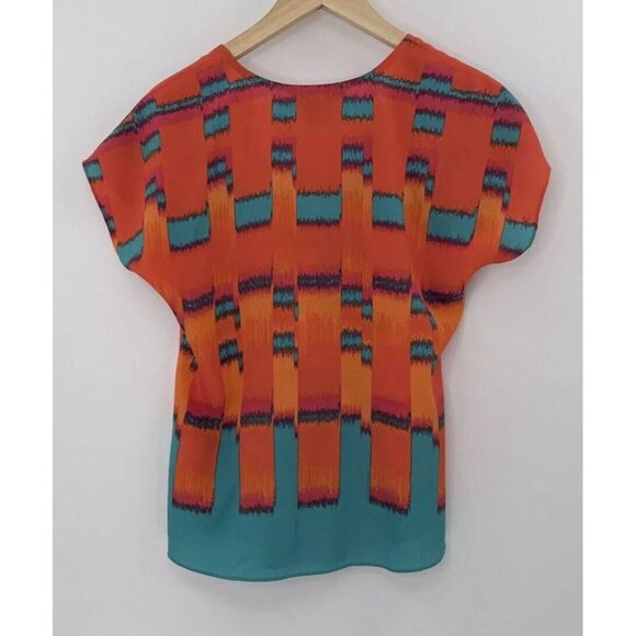 Calvin Klein Firecracker Orange‎ Teal Short Sleeve Chiffon Blouse Sz Small, Boho - Picture 2 of 7